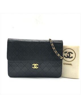 Chanel CC Logo Quilted Lambskin Chain Shoulder Bag Push Lock Black